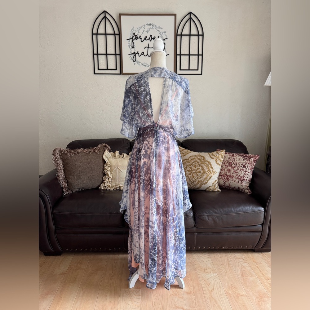 FOXIEDOX Purple Tie Dye Maxi Asymmetrical Dress Flowing Cap Sleeves Size S Boho - Picture 11 of 12